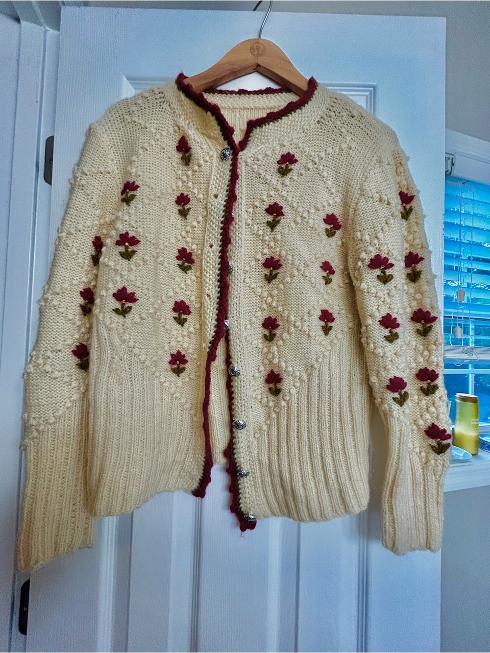 Cream Hand-Knit Floral Embroidered Accent Cardigan Sweater